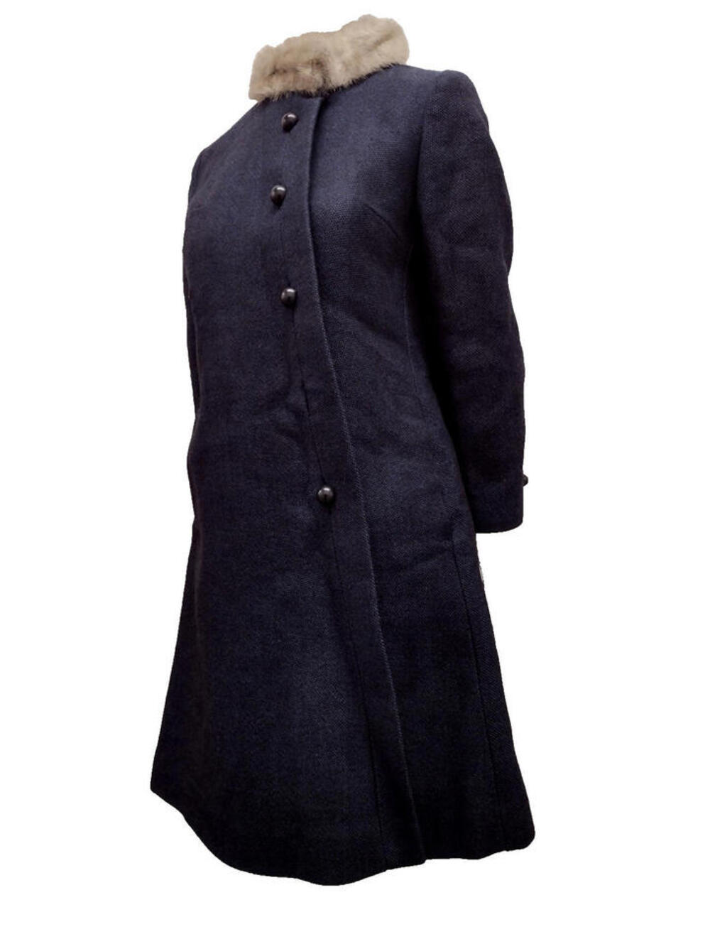 Vintage 60s Mod Royal Blue Coat FUTURIST MCM A-line Gray Fur Collar Wool M/L